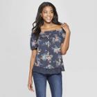 Women's Floral Print Short Sleeve Off The Shoulder Knit Top With Lace Trim - Xhilaration Navy (blue)