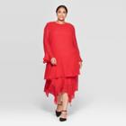 Women's Plus Size Polka Dot Long Sleeve Boat Neck Tiered Ruffle Hem A Line Midi Dress - Who What Wear Red 1x, Women's,