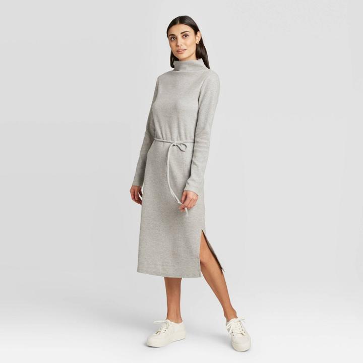 Women's Long Sleeve Mock Turtleneck Belted Knit Midi Dress - A New Day Gray