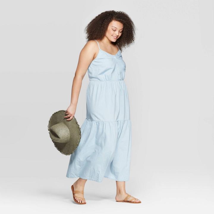 Women's Plus Size Sleeveless V-neck Button Front Tiered Denim Dress - Universal Thread Indigo X, Blue