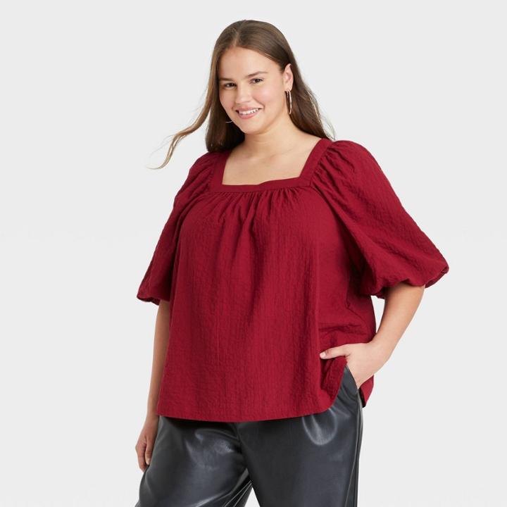Women's Plus Size Puff Short Sleeve Blouse - A New Day Red