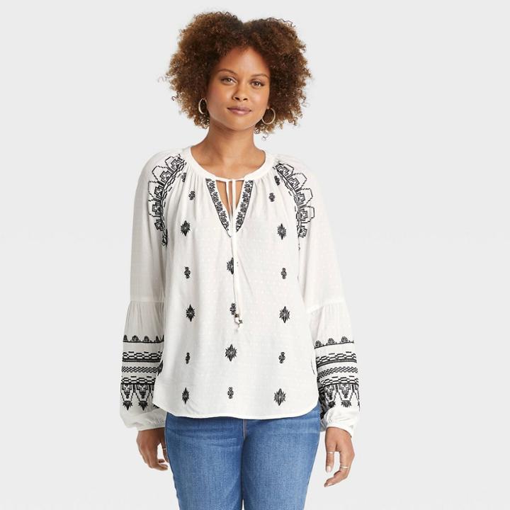 Women's Raglan Long Sleeve Embroidered Peasant Top - Knox Rose Ivory Ikat Print