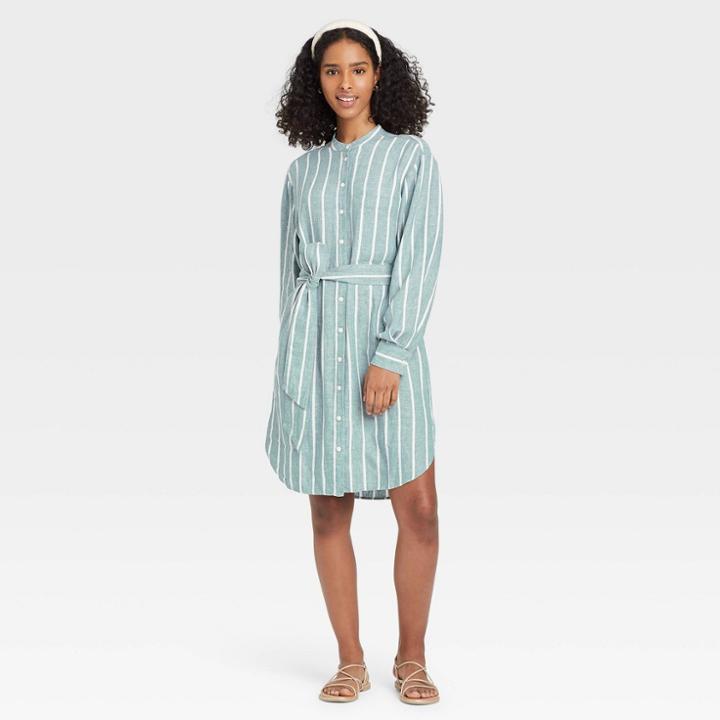 Women's Striped Long Sleeve Tie Waist Shirtdress - A New Day Teal M, Blue