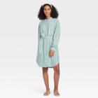 Women's Striped Long Sleeve Tie Waist Shirtdress - A New Day Teal M, Blue