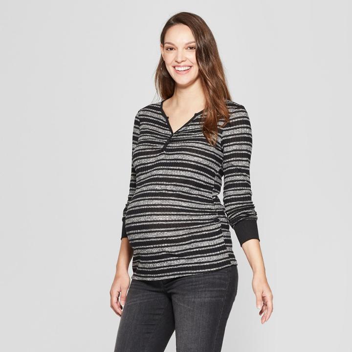 Maternity Striped Long Sleeve Button Placket Top - Macherie - Black Xl, Infant Girl's