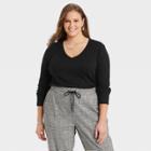 Women's Plus Size Long Sleeve V-neck Rib T-shirt - A New Day Black