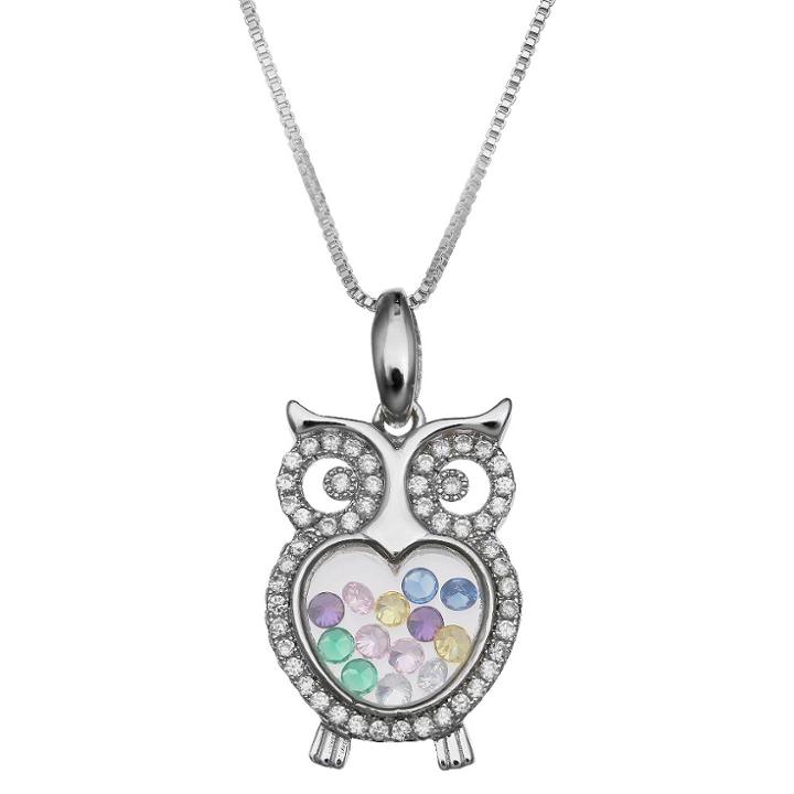 Treasure Lockets Cubic Zirconia Owl Floating Locket In Sterling