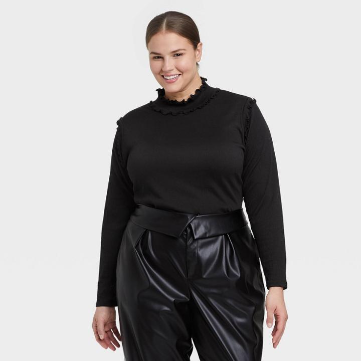 Women's Plus Size Ruffle Long Sleeve Top - Who What Wear Black