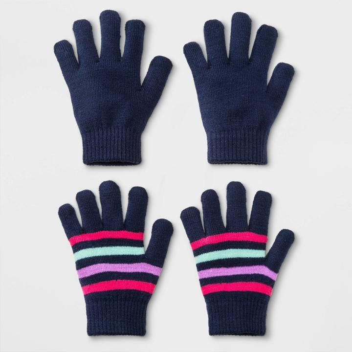 Girls' 2pk Gloves - Cat & Jack Navy/yellow One Size, Navy Voyage