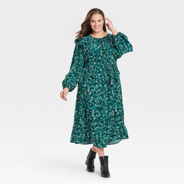 Women's Plus Size Ruffle Long Sleeve Dress - Who What Wear Blue Floral