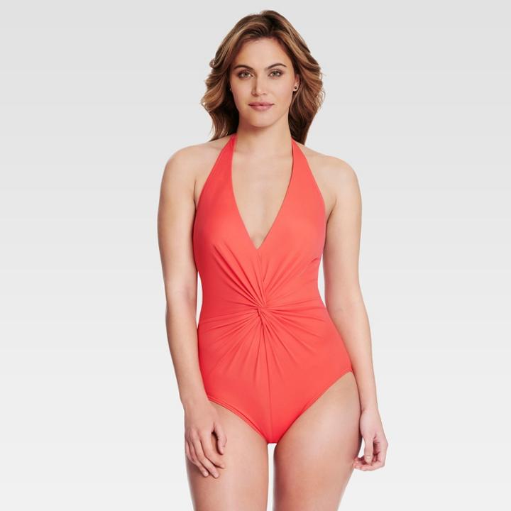Dreamsuit By Miracle Brands Women's Slimming Control Plunge Knot Halter One Piece - Coral