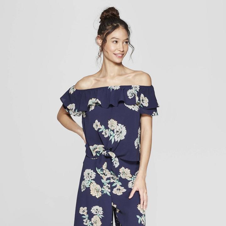Women's Floral Print Short Sleeve Off The Shoulder Tie Front Top - Xhilaration Navy