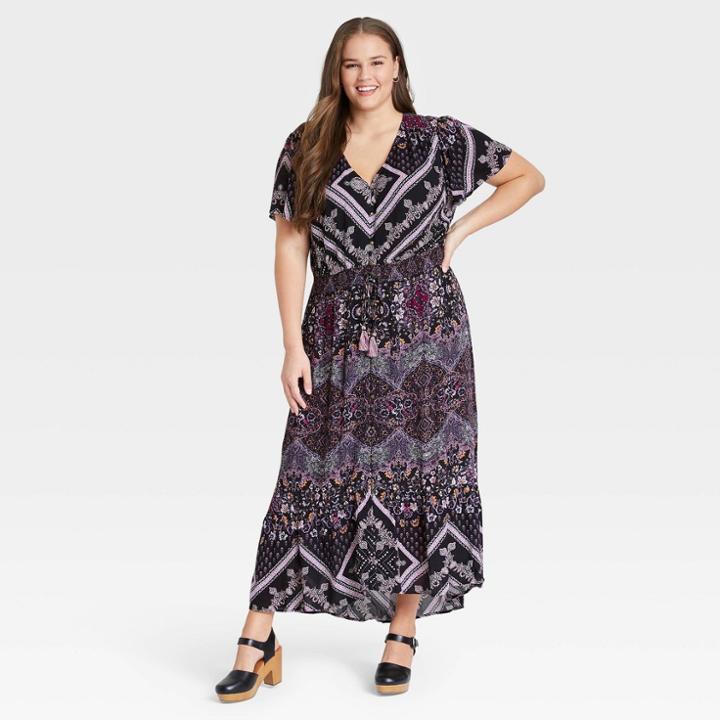 Women's Plus Size Ruffle Short Sleeve Smocked Dress - Knox Rose Black Ikat