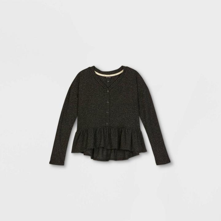 Girls' Henley Peplum Long Sleeve Blouse - Art Class Black