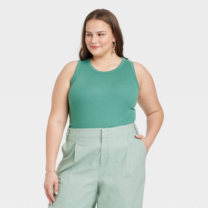 Women's Plus Size Ribbed Tank Top - A New Day Teal Green