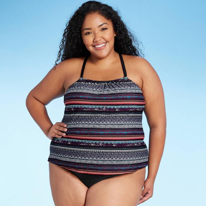 Women's Plus Size Racerback Tankini Top - Kona Sol Gray/pink Print