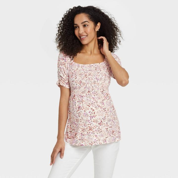 Elbow Sleeve Smocked Maternity Top - Isabel Maternity By Ingrid & Isabel Floral Xxl, Multi-colored Floral