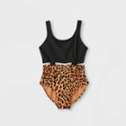 Girls' Leopard Print Knotted One Piece Swimsuit - Art Class Black