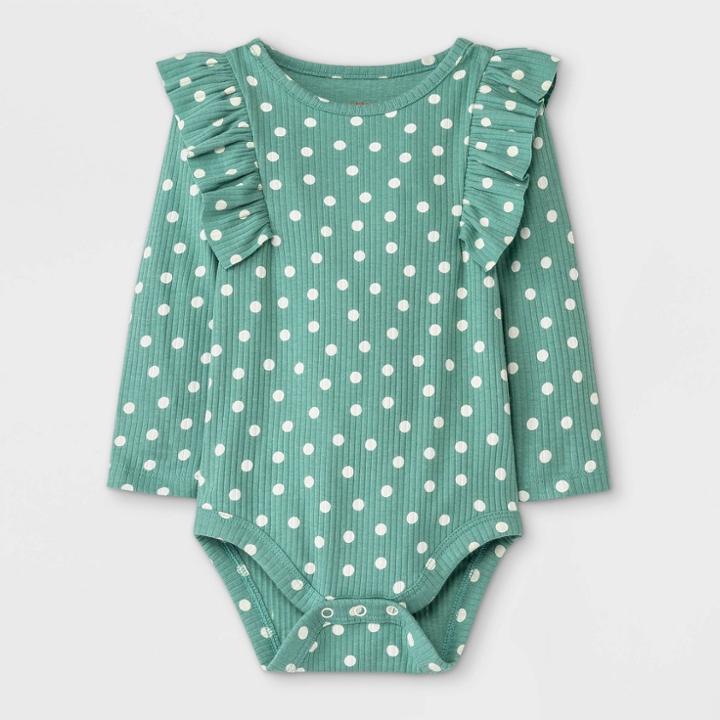 Baby Girls' Dot Rib Ruffle Long Sleeve Bodysuit - Cat & Jack Green Newborn
