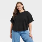 Women's Plus Size Bell Short Sleeve Quilted Boxy T-shirt - A New Day Black
