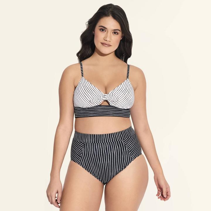 Women's Slimming Control Tie Front Bikini Top - Beach Betty By Miracle Brands Black/white Stripe