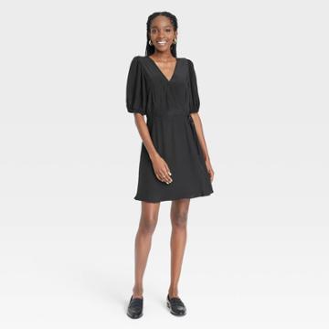 Women's Puff Short Sleeve Wrap Dress - A New Day Black