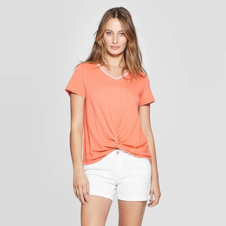 Women's Short Sleeve V-neck Tie Front T-shirt - Universal Thread Orange