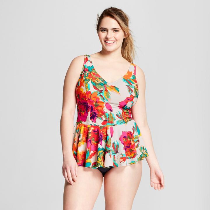 Plus Size Sea Angel Women's Plus Floral Peplum Tankini - Cream