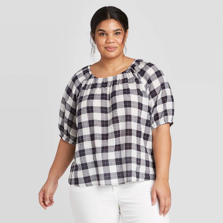 Women's Plus Size Plaid Elbow Sleeve Top - Universal Thread Blue 1x, Women's,