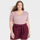 Women's Plus Size Puff Short Sleeve V-neck Top - A New Day Pink