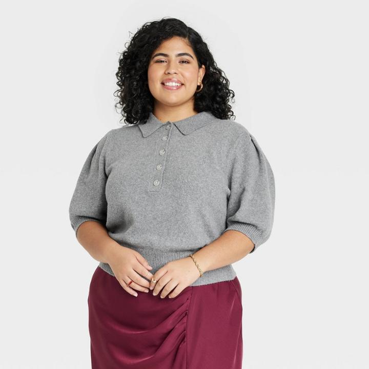Women's Plus Size Polo Sweater - A New Day Gray
