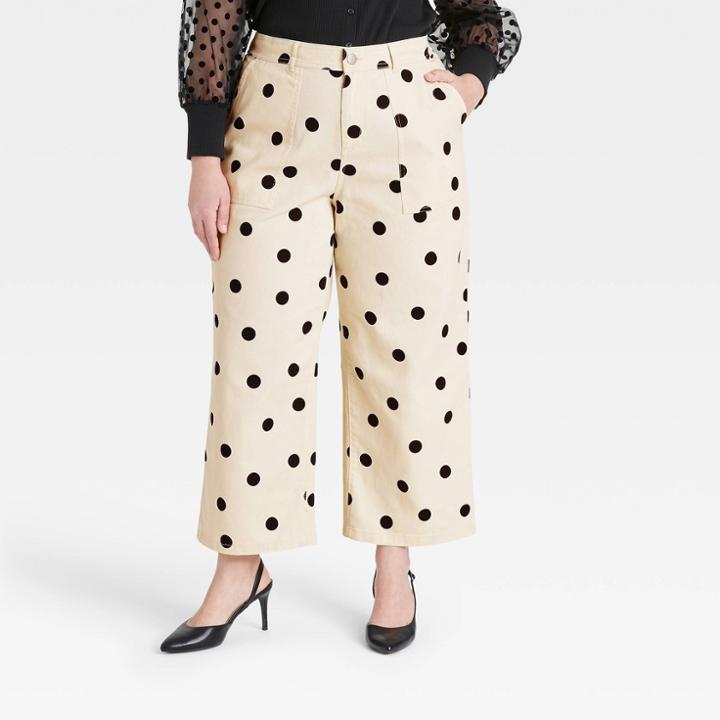 Women's Plus Size Polka Dot High-rise Wide Leg Pants - Who What Wear Cream