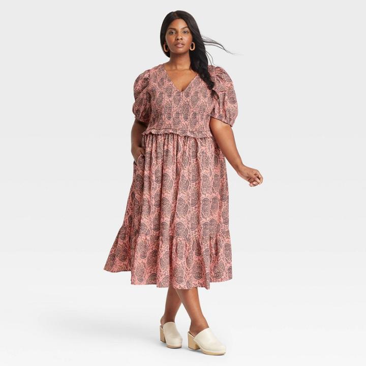 Women's Plus Size Puff Short Sleeve Smocked Dress - Universal Thread Pink 1x Floral Print