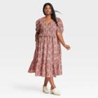 Women's Plus Size Puff Short Sleeve Smocked Dress - Universal Thread Pink 1x Floral Print