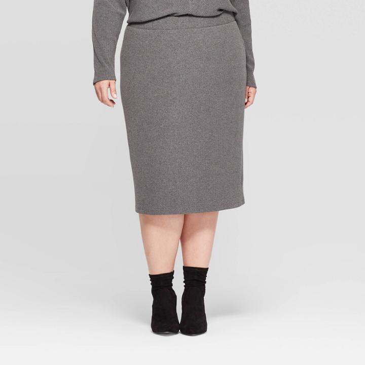 Women's Plus Size Rib Knit Midi Skirt - Ava & Viv Dark Gray X, Women's