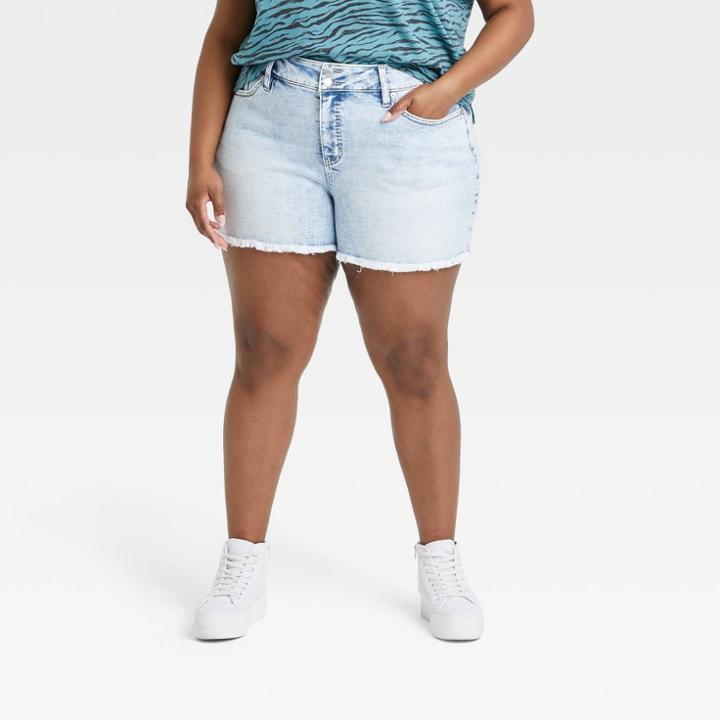 Women's Plus Size Mid-rise Jean Shorts - Ava & Viv Acid Wash Raw Edge 14w, Acid Blue Raw Edge
