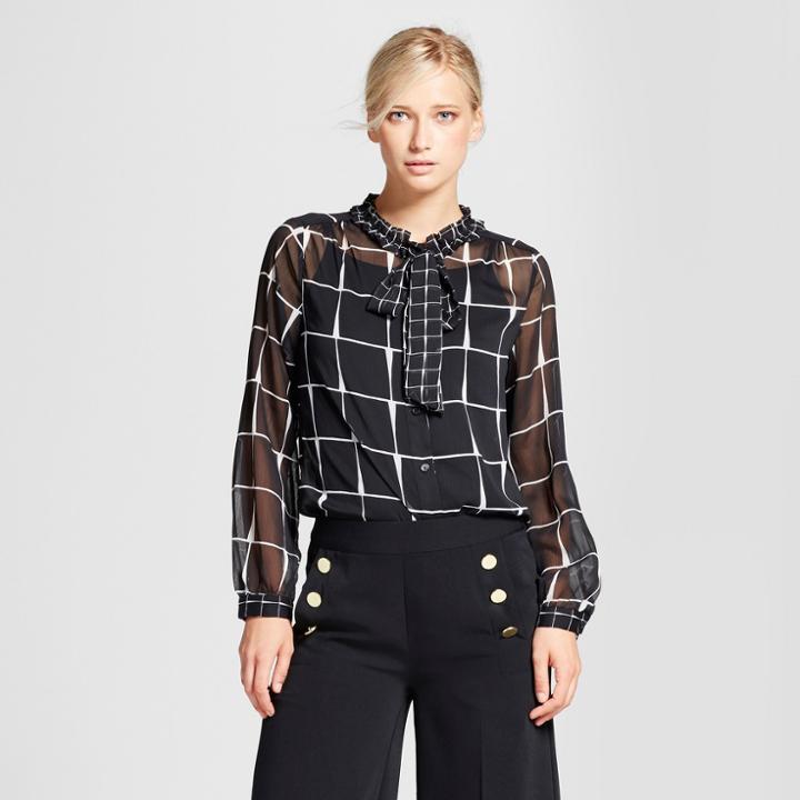 Women's Drapey Tie Neck Blouse - Who What Wear Black Plaid