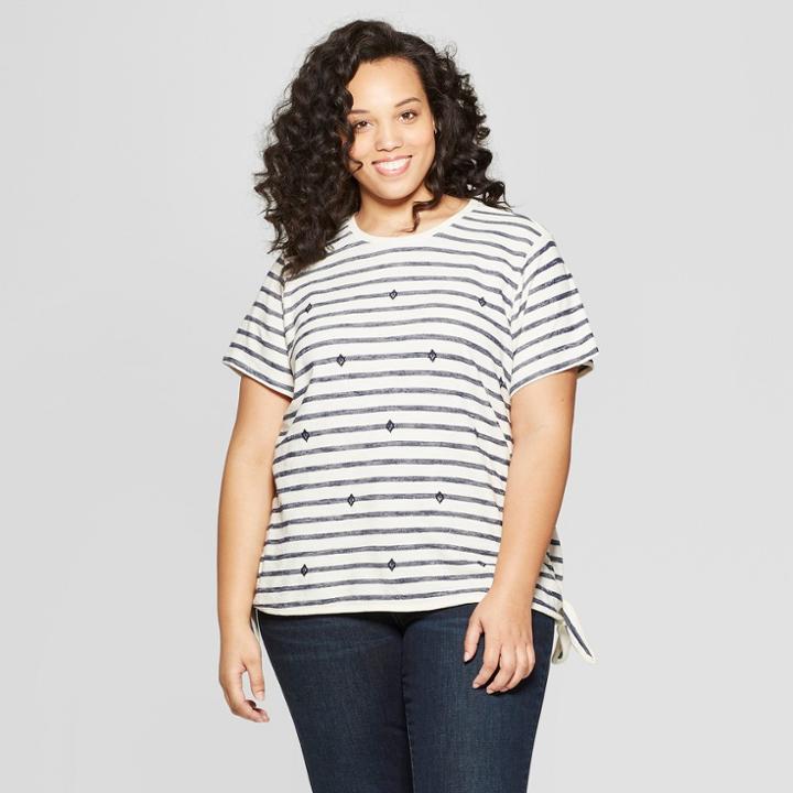Women's Plus Size Striped Short Sleeve Crew Neck Side Tie T-shirt - Universal Thread Navy