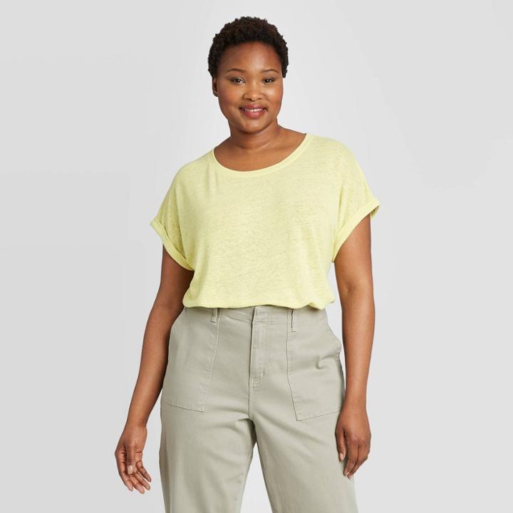 Women's Plus Size Short Sleeve Crewneck Cuffed Linen T-shirt - Ava & Viv Yellow X, Women's
