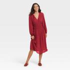 Women's Long Sleeve Smocked Waist Dress - A New Day Red
