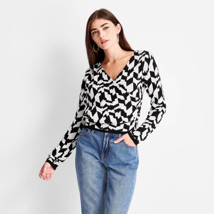 Women's Asymmetrical V-neck Pullover Crop Sweater - Future Collective With Kahlana Barfield Brown Black/white Geometric Xxs