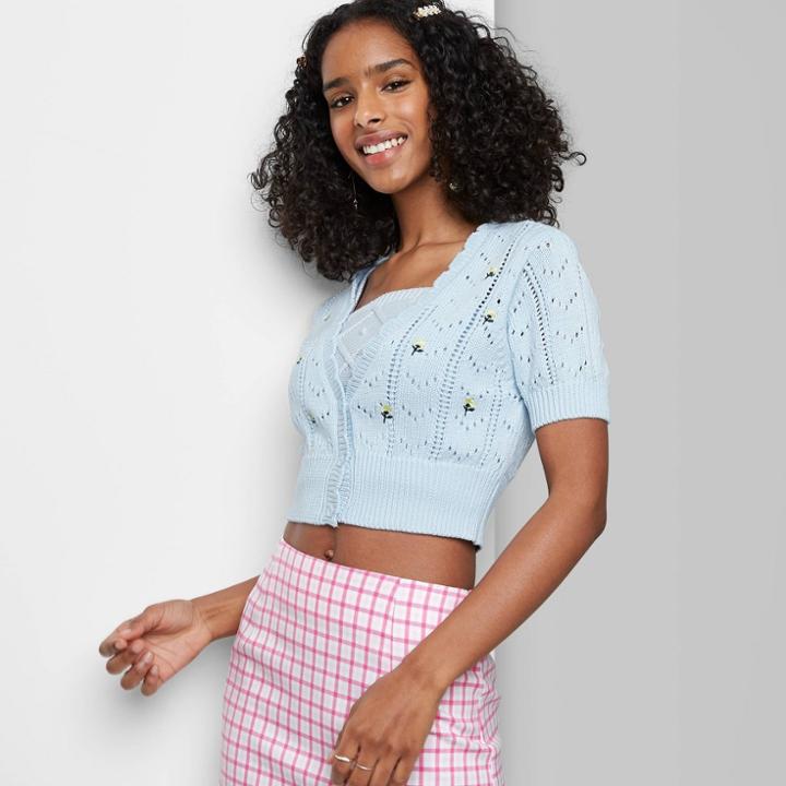 Women's Short Sleeve Floral Embroidered Cropped Cardigan - Wild Fable