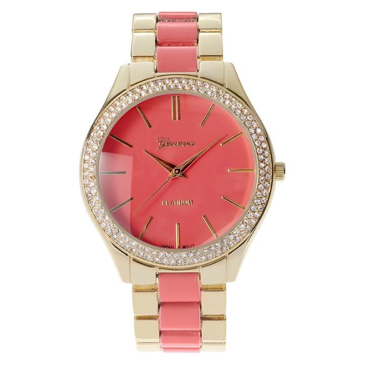 Women's Geneva Platinum Rhinestone Accent Two Tone Link Watch - Coral
