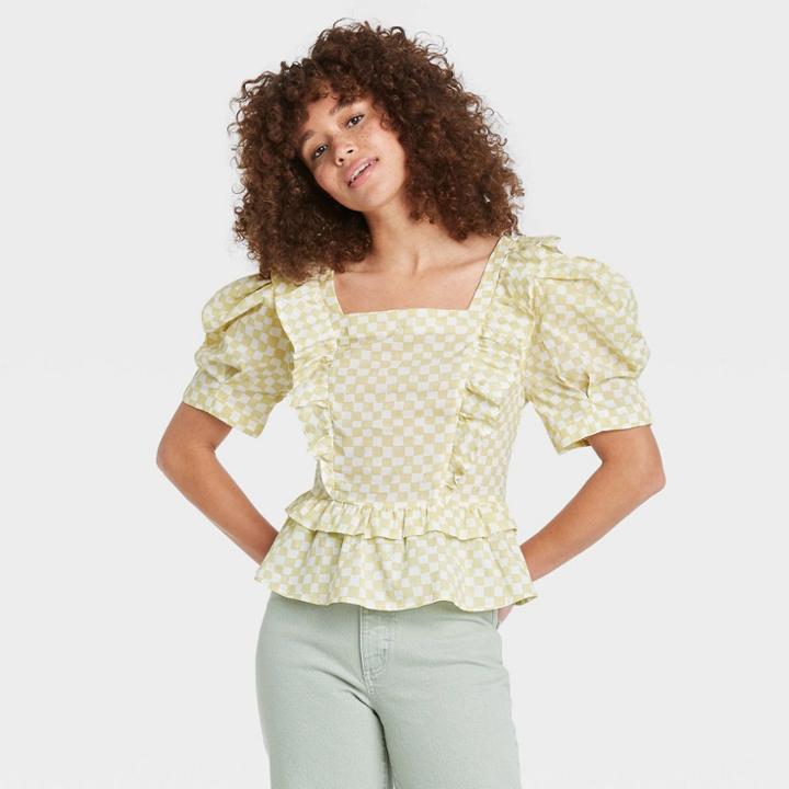 Women's Puff Short Sleeve Ruffle Peplum Blouse - Universal Thread Green Geometric