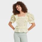 Women's Puff Short Sleeve Ruffle Peplum Blouse - Universal Thread Green Geometric