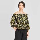 Women's Floral Print Long Sleeve Off The Shoulder Blouse - Who What Wear Black