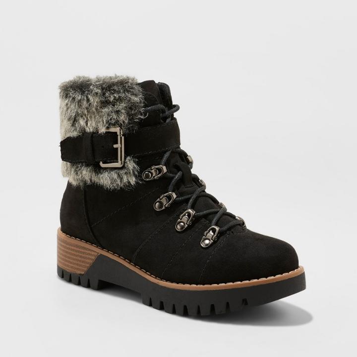 Women's Deanna Faux Fur Lace Up Hiker Boots - Universal Thread Black