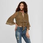 Women's Polka Dot 3/4 Tiered Sleeve Tie Front Top - Xhilaration Olive (green)