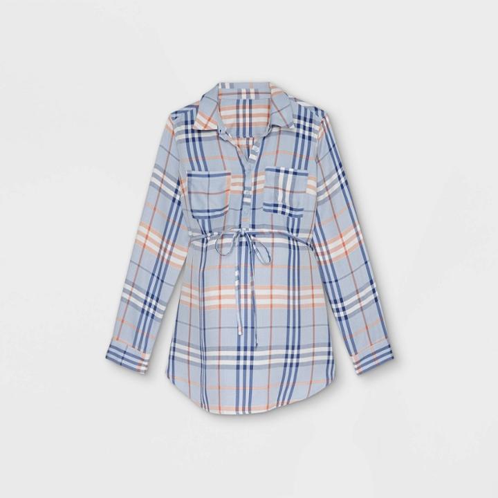 Maternity Plaid Rolled Tab Long Sleeve Collared Woven Popover T-shirt - Isabel Maternity By Ingrid & Isabel Blue