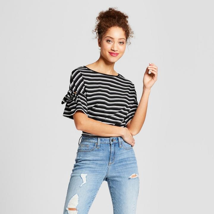 Women's Striped Tie Sleeve Top - 3hearts (juniors') Black/white Xl, Black White